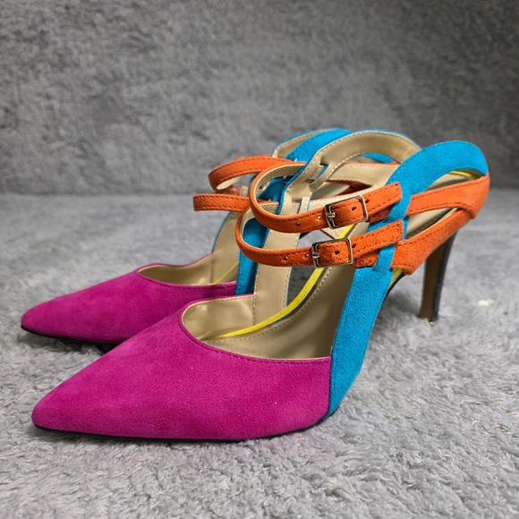 Kenneth Cole New York Shoes - Kenneth Cole Colorblock Suede Strappy Pumps Mules Stiletto Pink Teal Womens 5.5M